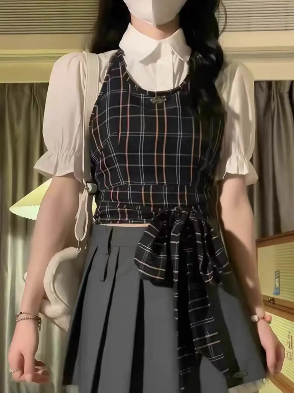 2024 корейский хип-хоп Красный Клетчатый жилет с бантом на шее Женская Летняя