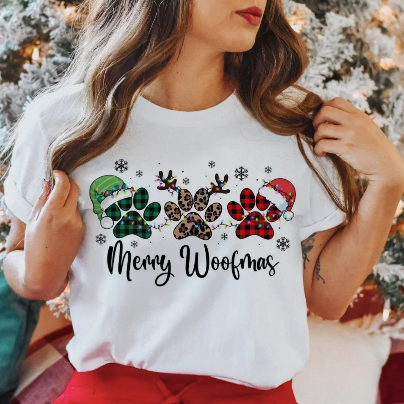 Винтажная новогодняя футболка с принтом Merry Woofmas Santa Hat модная женская и круглым