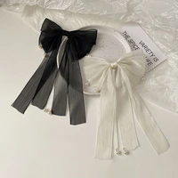 korean new elegant big ribbon bow spring clip sweet pearl hair clip for girls women temperament ponytail holder hairgrip