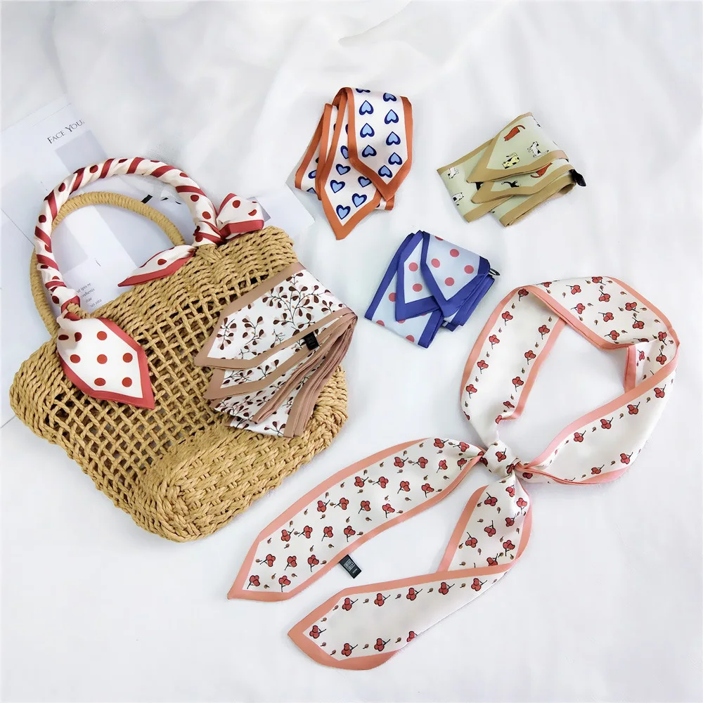 

Fashion Neckerchief Hair Scarf For Women Long Wrist Ribbon Skinny Neck Scarves 7*130CM Print Hairband Silk Feel Bag Scarf Ladies