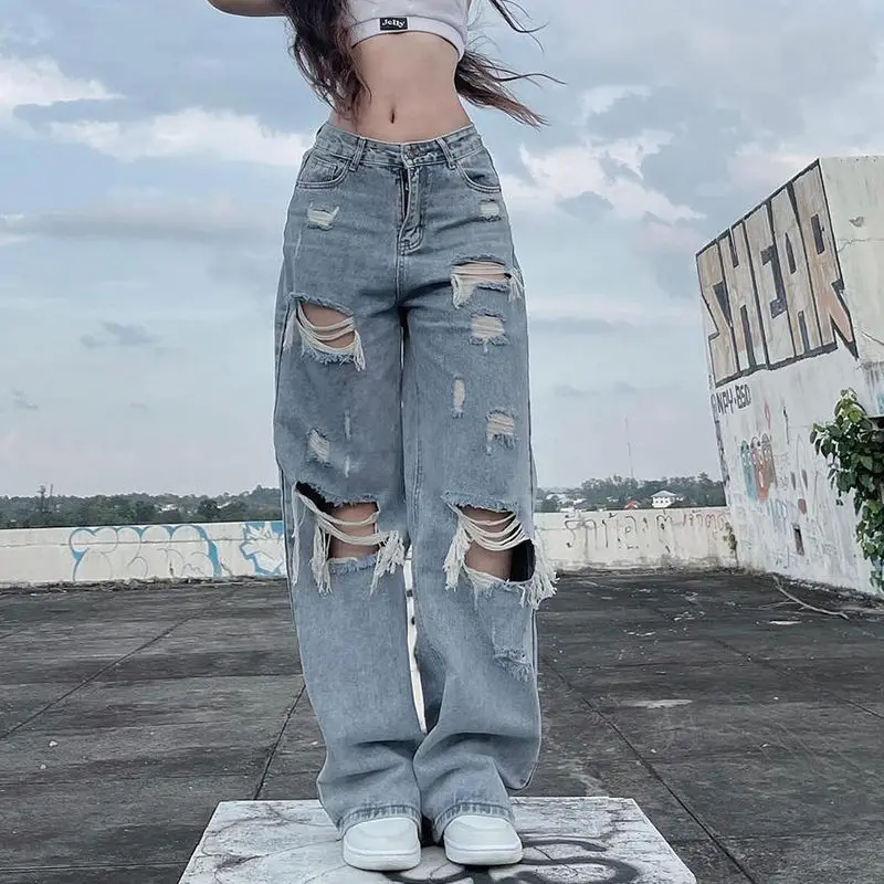 Streetwear Straight Pants Ladies Ripped Jeans Mid Waist Loose Wide Leg Pants Ladies Jeans Y2K Summer High Street Cargo Pants