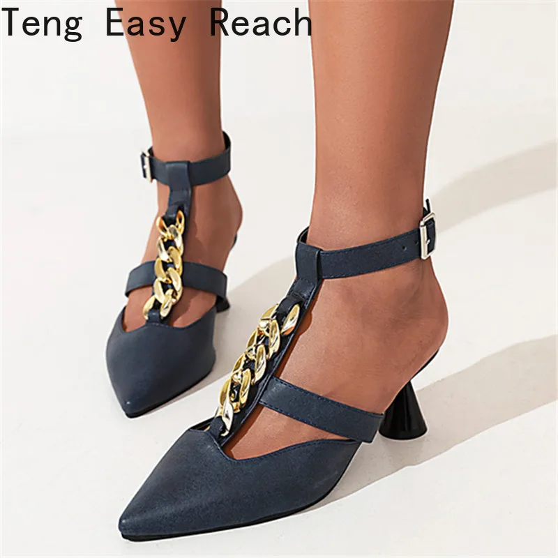 

Туфли-лодочки женские с металлическим украшением, заостренный носок, тонкий высокий каблук, ремешок на щиколотке, элегантная обувь на засте...