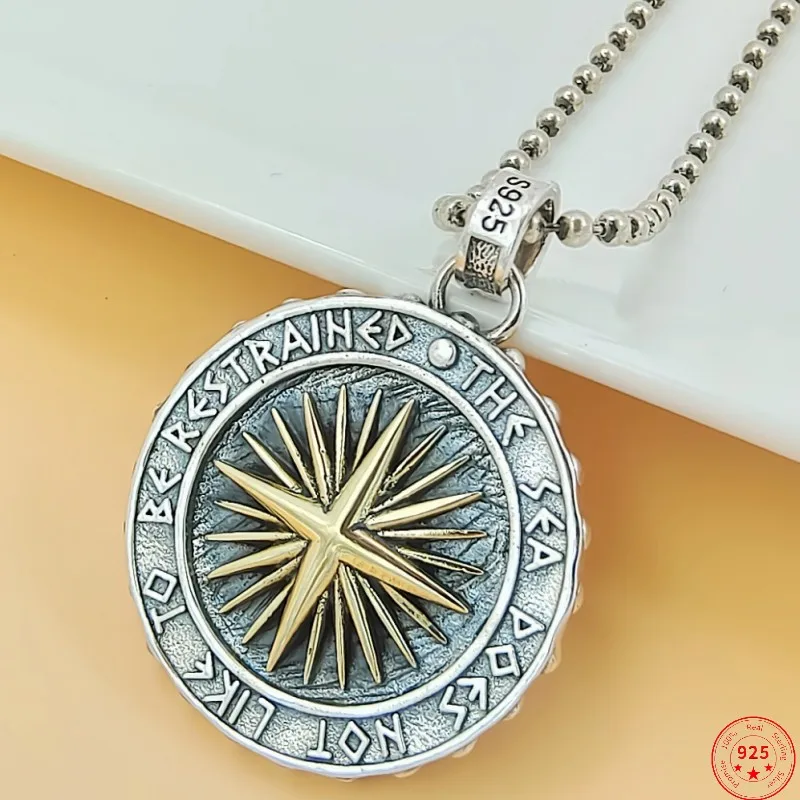 

S925 Sterling Silver Pendant for Men Women 2023 New Men's Fashion Neptune Compass Navigation Argentum Amulet PunkJewelry