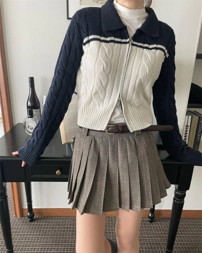 

Укороченный кардиган на молнии с длинным рукавом, пикантный контрастный винтажный свитер с воротником с отворотами, вязаная верхняя одежда...