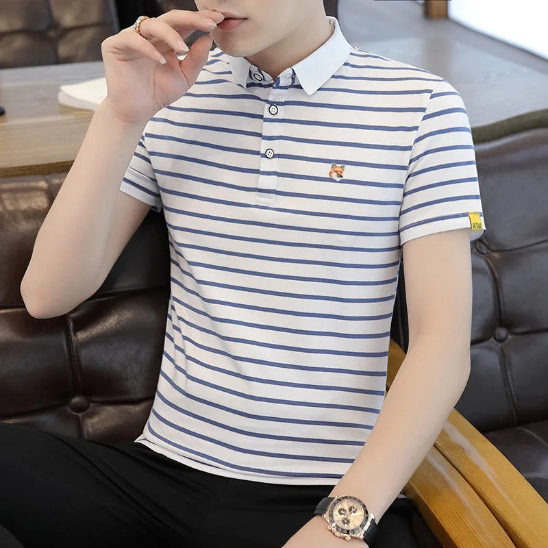

2022 Summer New Mens Maison Fox Mascot Embroidery Logo Cotton Polo T Shirt Stripes Fashion Short Sleeve Men Shirt Golf Tops