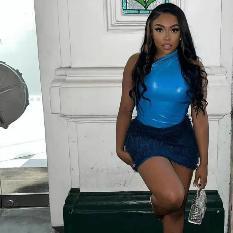 

Sexy Slim Fit Bag Hip Bright Leather Tassel Dress Set Women Two Piece Set Clubwear One Shoulder Tassel Bodycon Dress Sets