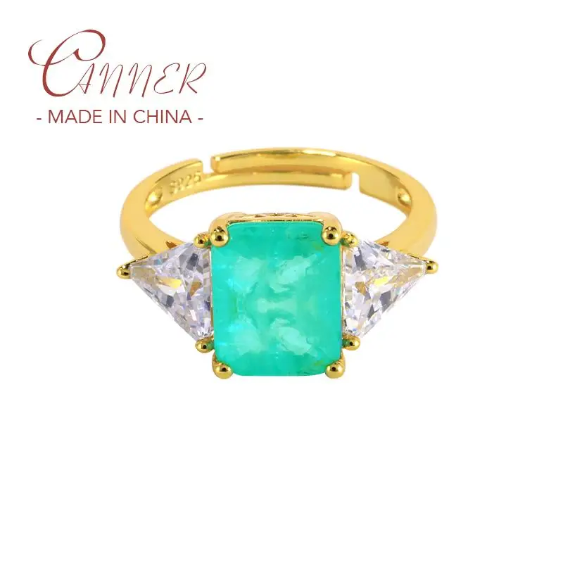 

CANNER Luxury Paraiba Tourmaline Adjustable Rings For Women Lovers' Wedding Bague 925 Sterling Silver Finger Ring Jewerly