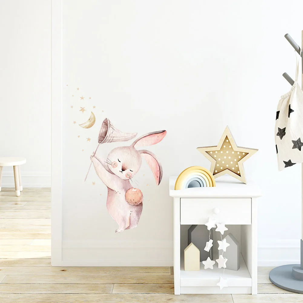 

Cartoon Bunny Moon and Stars Wall Stickers for Kids Room Baby Room Decoration Animals Wall Decals Girls Boys Bedroom Wallpaper