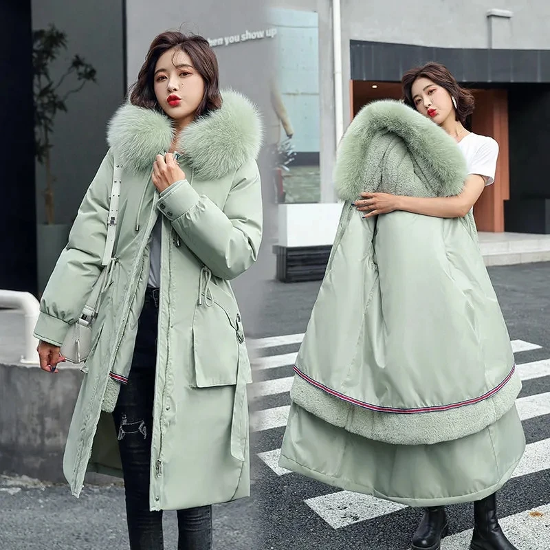 2022 Winter Jacket Hooded Long Coat Thick Warm Female Cotton Padded Parka Fur Lining Jackets Coats Women's Parkas