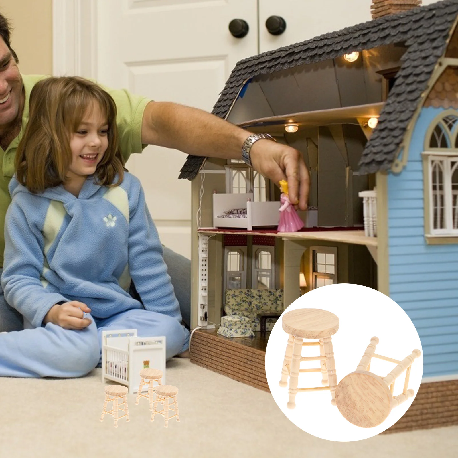 

4 Pcs Dollhouse Stool Photo Prop Mini Ornament Toys Decoration Wooden Chair