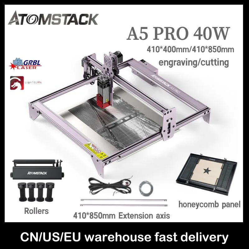 New ATOMSTACK A5 Pro 40W＋R3 Roller+Pad CNC Laser Marking is Suitable for Cylindrical Laser Engraving Machines loading=lazy