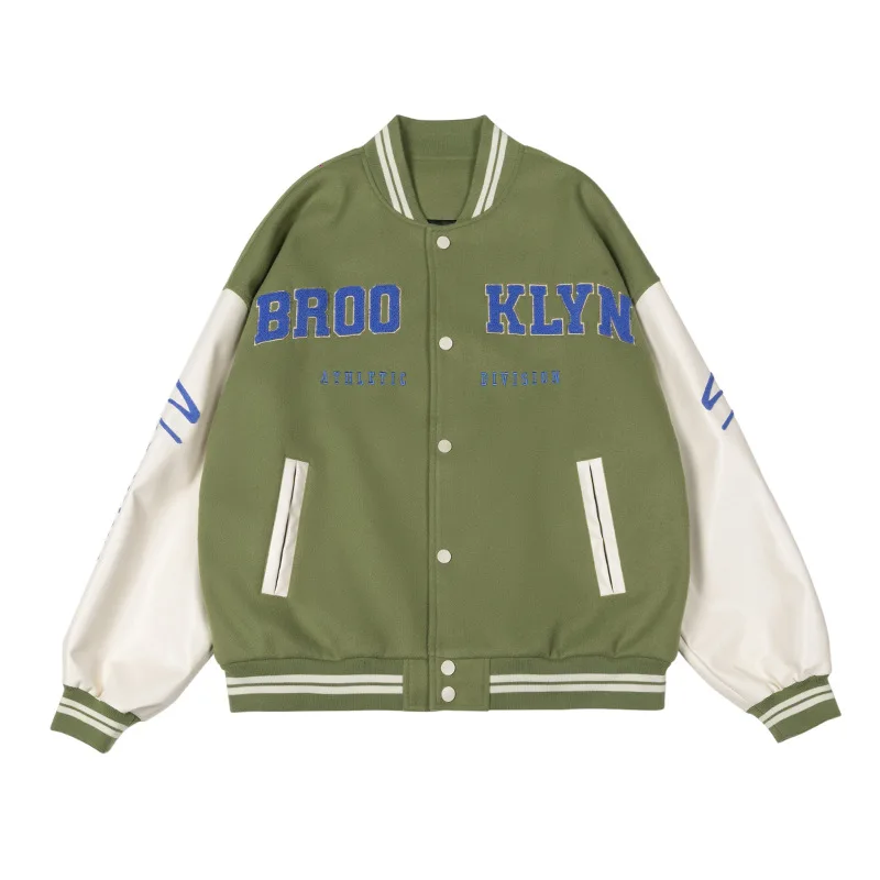 

Korean Fashion Hip-hop Men Jacket Flocked Letter Leather Sleeve Retro Loose Fitting Baseball Spring Autumn Couple Outfit Unisex