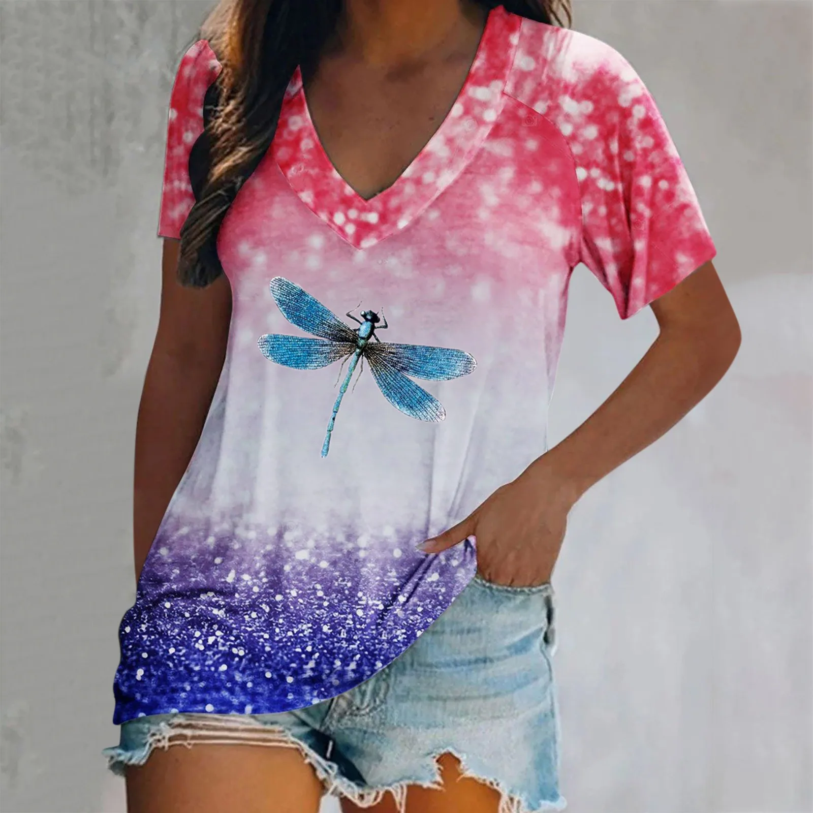 

Women Tie Dye T Shirt V Neck Short Sleeve Shirts Gradient Color Tee Casual Moon Print Top Plain White Long Sleeve Shirt Women