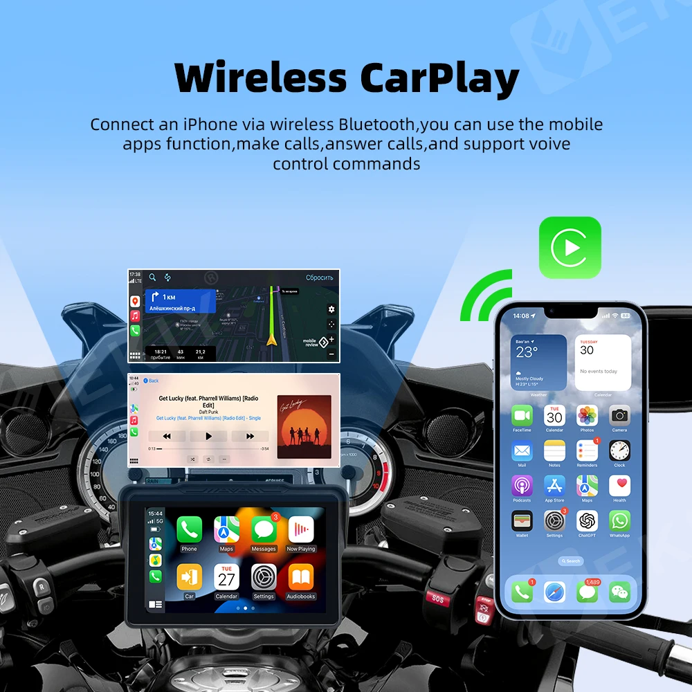 EKIY 7-дюймовый портативный мотоцикл CarPlay навигация беспроводной Android авто двойной
