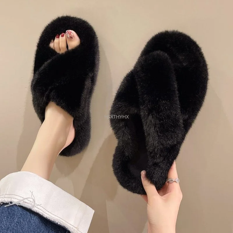

2022 Women Furry Fur Slides Indoor Home Slippers Cute Plush Fox Hair Fluffy Sandals Fur Slippers Winter Warm Shoes Women