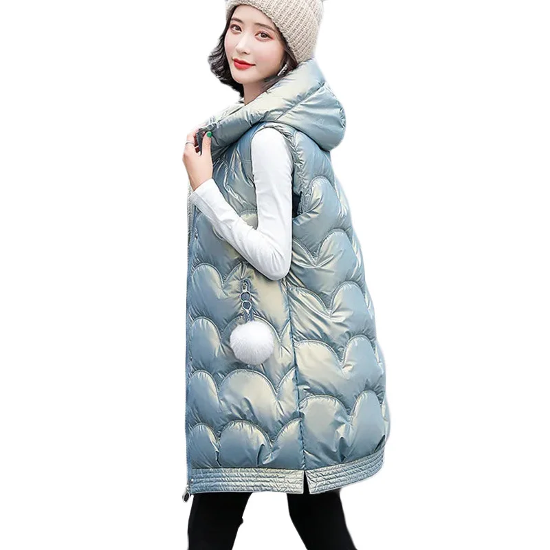 

Autumn Winter Wash Bright Face Down Cotton Vest Warm Waistcoat Womens Long Casual Hooded Parka Overcoat Korean loose Fashion