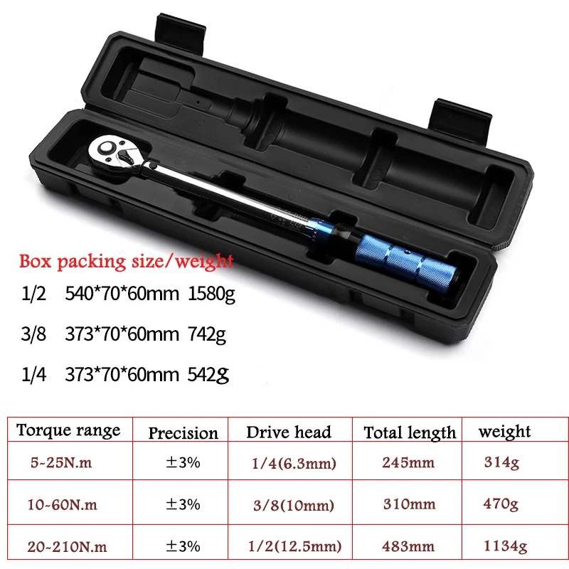 

Torque Key Wrench Tool 1/4 3/8 1/2 Inch Square Drive Two-Way Precise Preset Mirror Polish Spanner Accurately Torque 5-210N.M