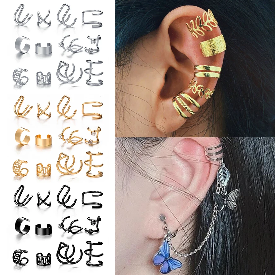 

2022 New Gold Leaves Ear Cuff Black Non-Piercing Ear Clip Earrings for Women Men Fake Cartilage Earring Cuff Trend Jewelry Girls
