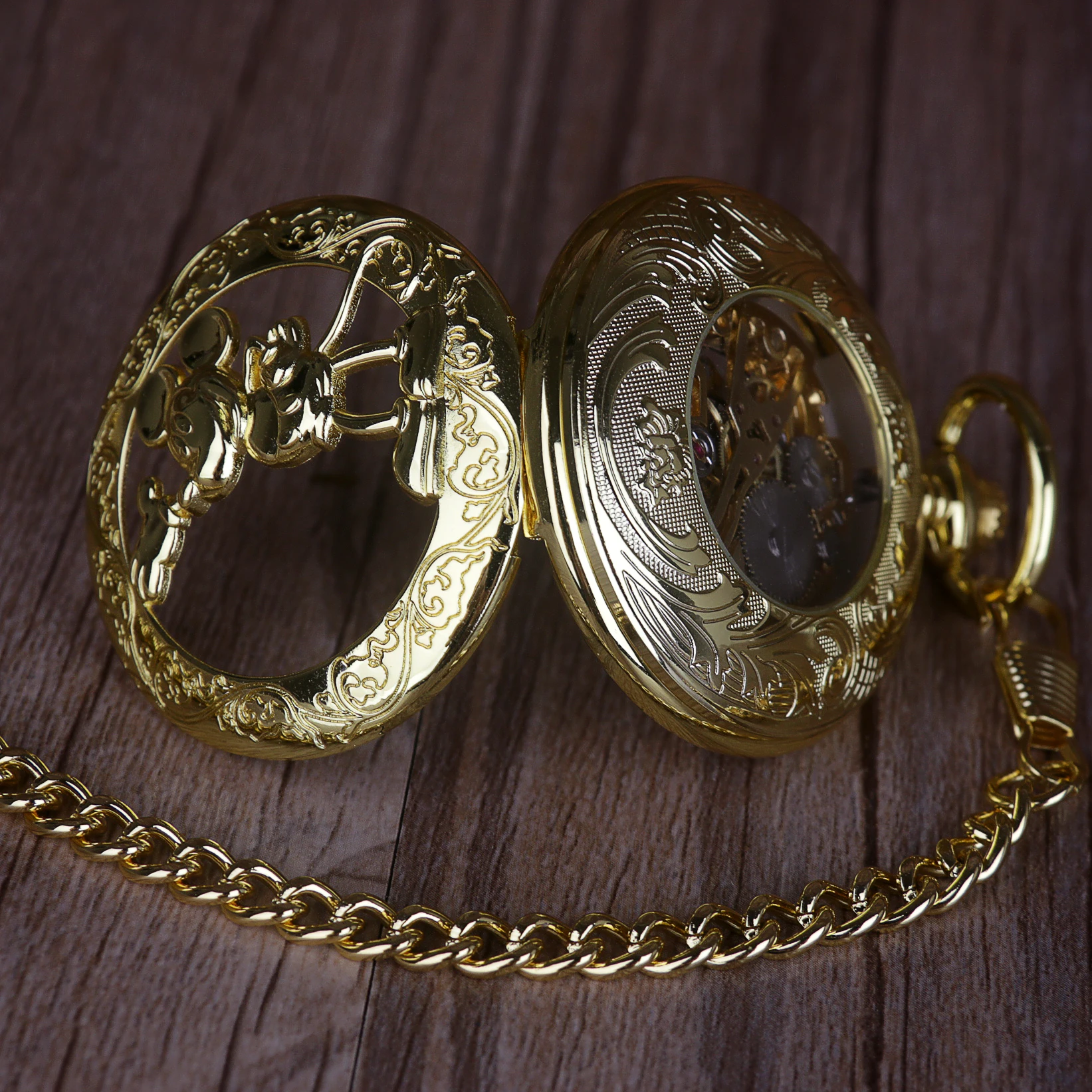 Gold Animated Engraved Vintage Mechanical Pocket Watch Roman Numerals Display Strap Chain Pendant Gift Men Women