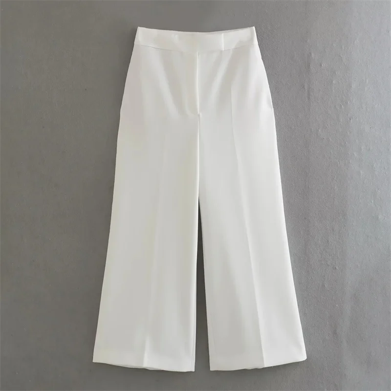 

TRAF 2023 High Waisted Cropped Wide Legs Pants Fashion Front Pockets And Back False Welt Pockets Pants White Casual Pants