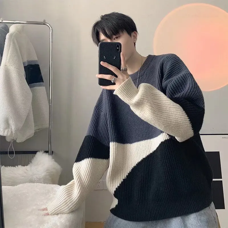 Japan Loose Patchwork Sweater for Men O-Neck Loose Long Sleeves Knitting Pullover Ins All Match Sweaters Men's Clothing
