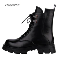 verocara mid calf boots for women round toe black lace up mid chunky block heel genuine cow leather women boots handmade