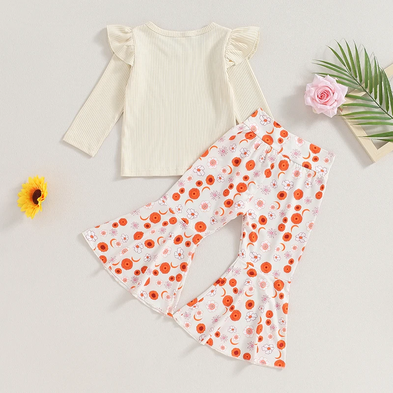 

Kid Girls Pants Set Long Sleeve Crew Neck T-shirt with Flower Print Flare Pants Fall Outfit