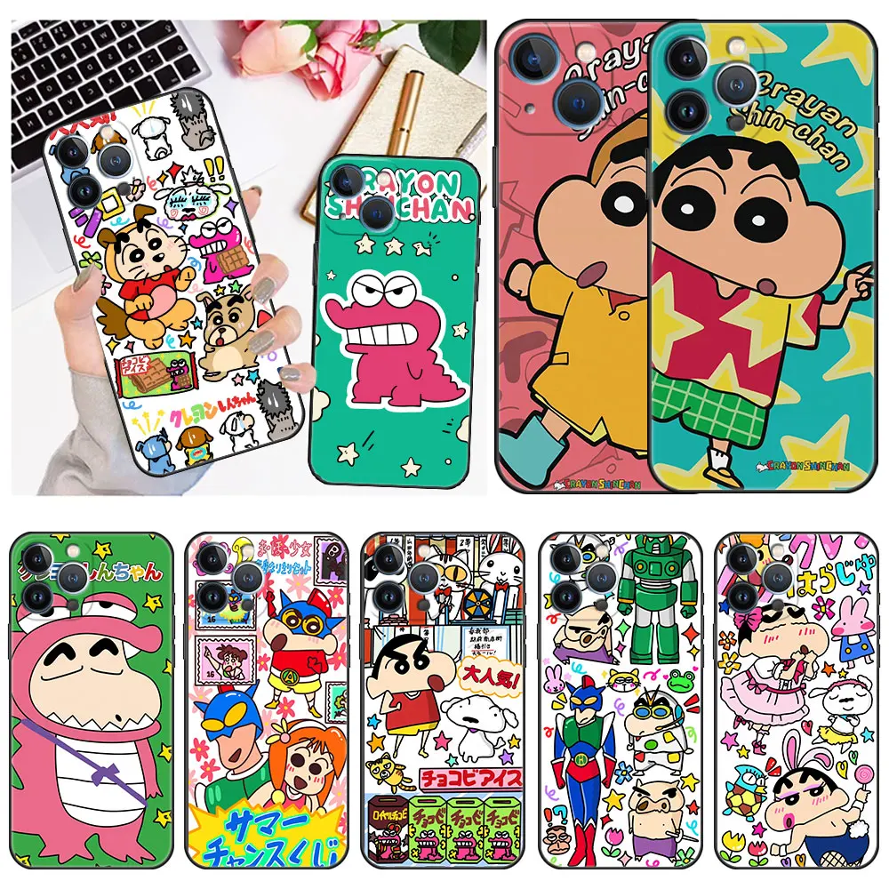 

Case For Apple iPhone 13 11 12 Pro 7 XR X XS Max Black Soft Phone Funda 8 6 6s Plus 5 5S SE 2022 Cover Cute Crayo Shin Chan