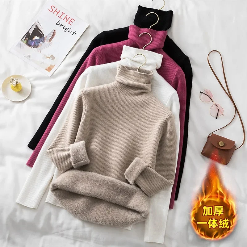 

2022 New Winter Warm Fleece Turtleneck Sweaters Women Korean Casual Slim Bottoming Tops Thicken Knitted Sweater Pullover Female