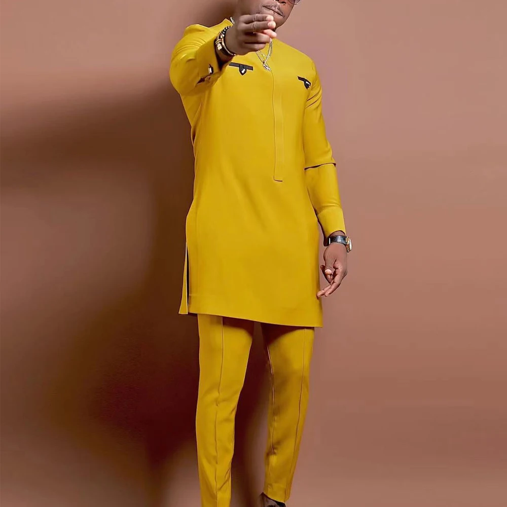 

Summer Men Two Piece Outfits Set Long Sleeved Shirt Top Full Pants Casual African Ethnic Gentleman Traditional Clothing Outfits