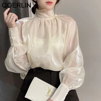 qoerlin pink gauze blouse stand collar women spring autumn loose casual bowtie fashion black white tops shirts puff sleeve blusa