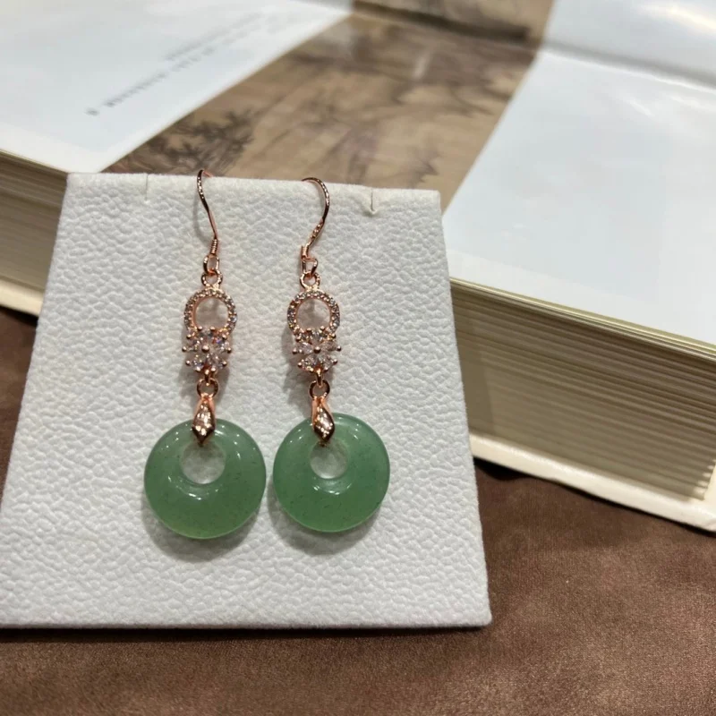 

Natural Green Jade Donut Dangle Earrings Women Fine Jewelry Accessorie White Jades Zircon Round Drop Earring Girlfriend Mom Gift