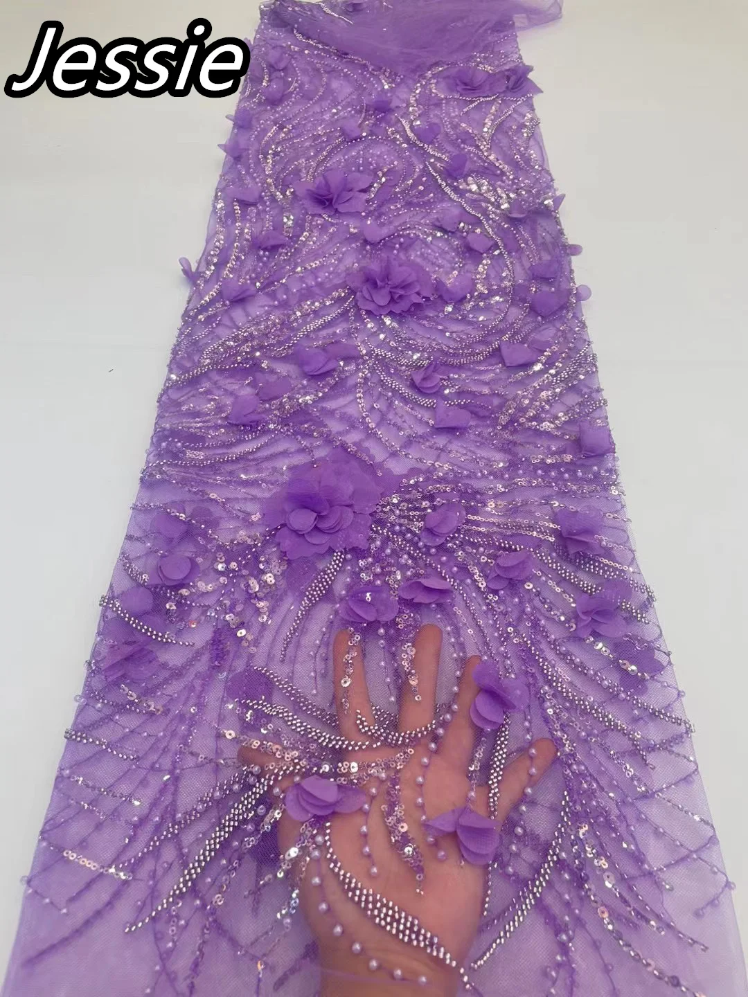 

African Gorgeous High-end Dress Shiny 3D Large Floral Heavy Industry Embroidery Lace Mesh Yarn Tube BeadS String Sequin Cloth