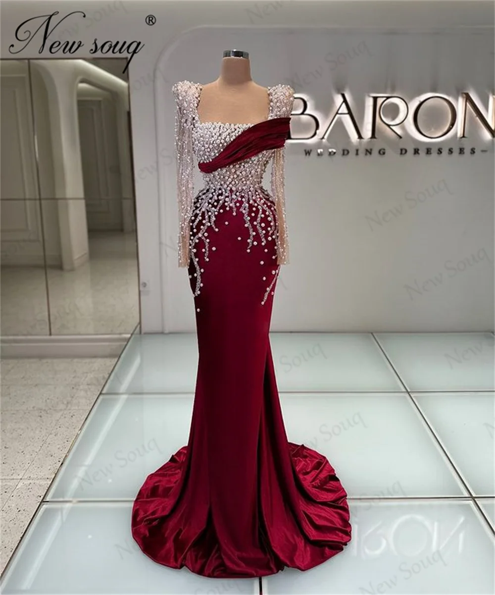 Simple Burgundy Beaded Cocktail Dresses 2025 Customized Long Sleeves Wedding Party Dress Pearls Evening Vestido Blanco