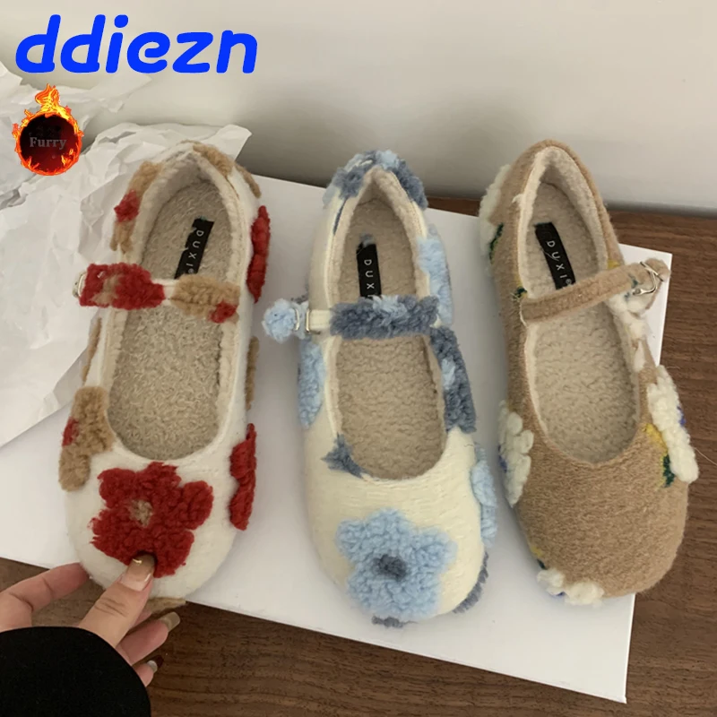 

Footwear Mary Janes Women Lolita Shoes With Fur Winter Female Buckle Strap Fashion Flowers Warm Ladies Ballet Flats Shoes