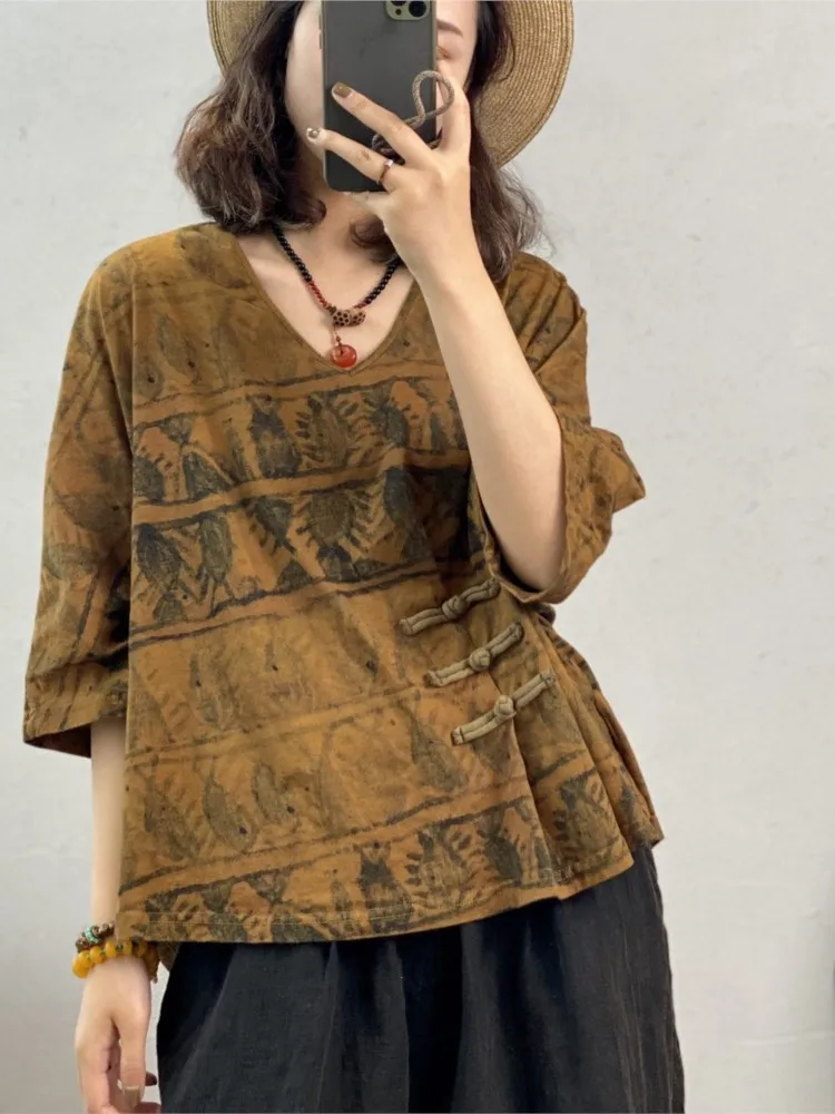 

Womens Blouse Literature Printed Cotton Half Sleeve 2022 Summer Casual Clothes O-neck Loose Vintage Female Top