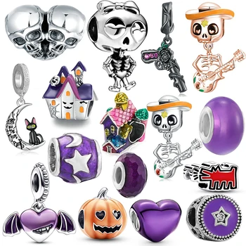 2Pcs/Lot Halloween Style Skull Colorful Castle Pumpkin Charm Beads Bat Pendant With Charms Bracelets Necklace Jewelry Making 1