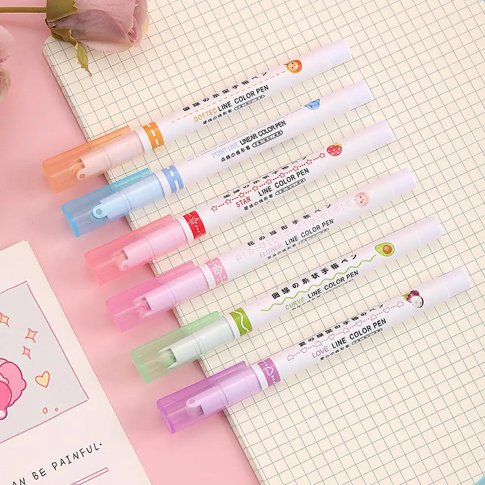 

6Pcs Curve Pen Cute Pattern Writing Fluently Outline Marker Pen Hand Copy Account Roller Mark Roller Tip Curve Highlighter Liner