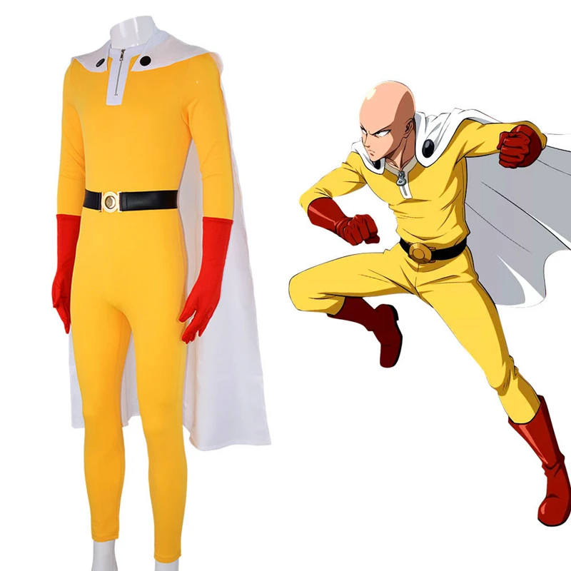 Костюм для косплея Аниме ONE PUNCH-MAN желтый комбинезон Сайтама с белой накидкой