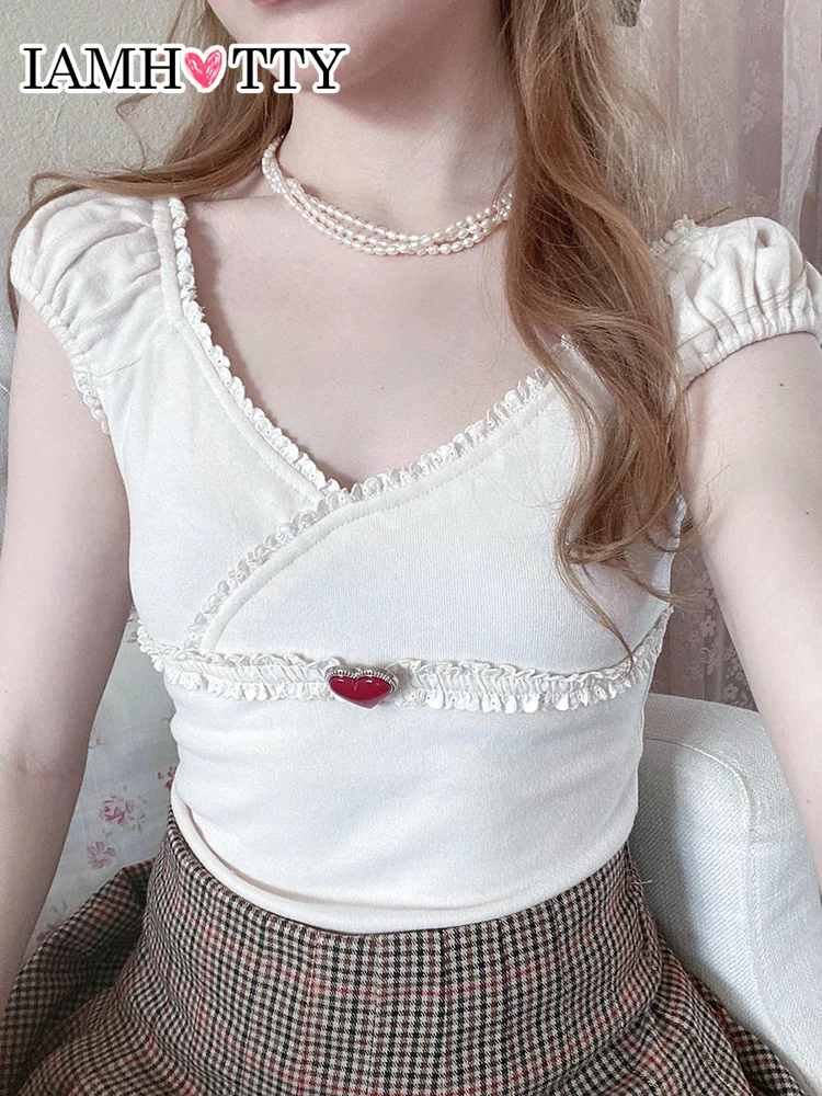 

IAMHOTTY Kawaii Lace Ruffle T-shirt Basic Heart Three-dimensional decoration Cute Short Sleeve Top Summer 2023 Sweet Tees Lolita