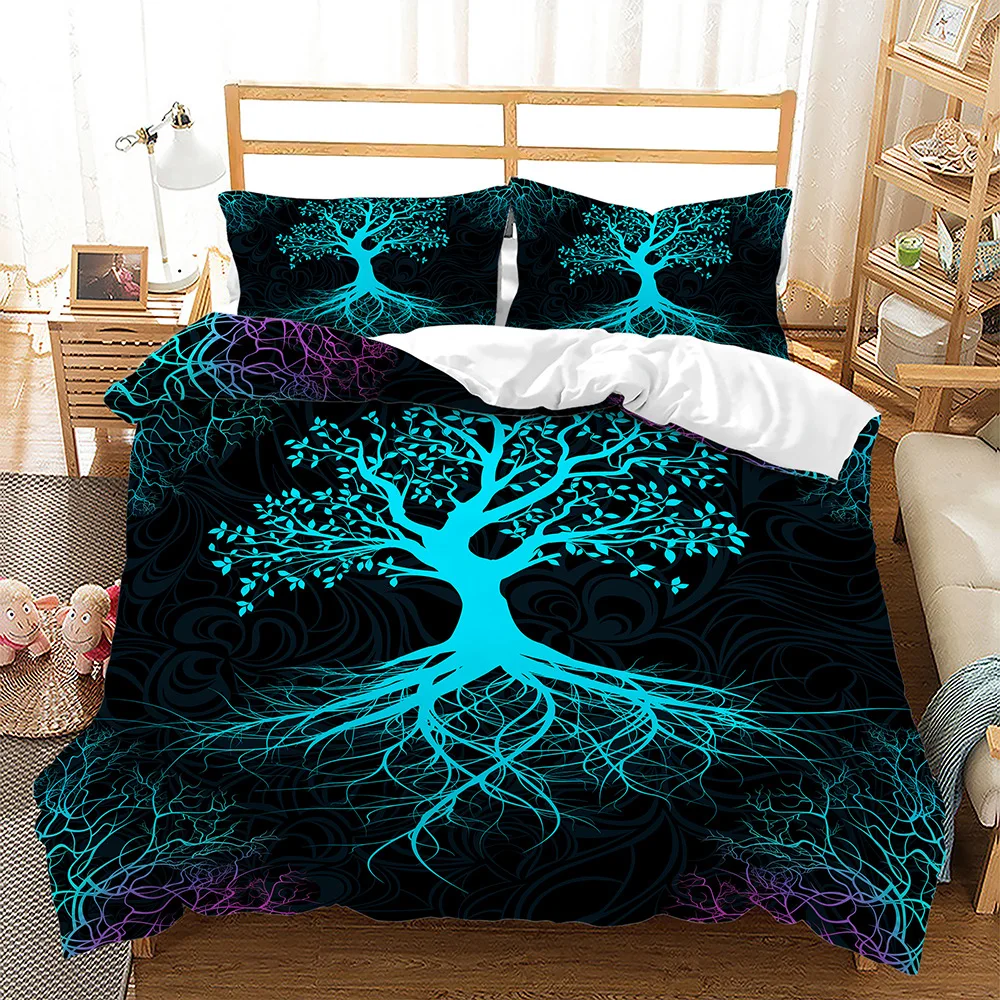 Tree of Life Duvet Cover Set Blue Tree with Black Background 3D Print Comforter Cover for Kids Boys Girls Polyester Bedding Set