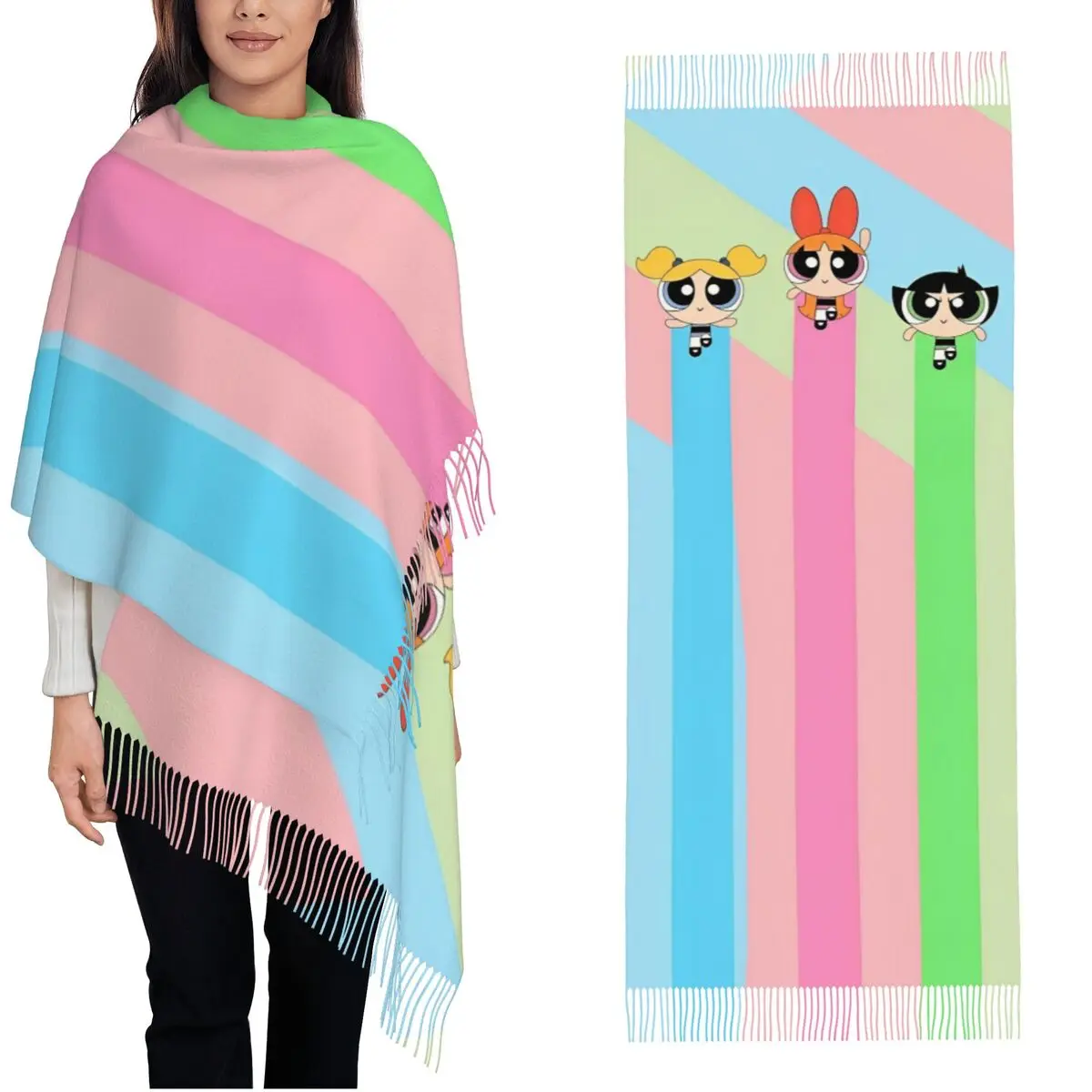 Шали с героями мультфильмов The Powerpuff для девочек женские зимние теплые длинные