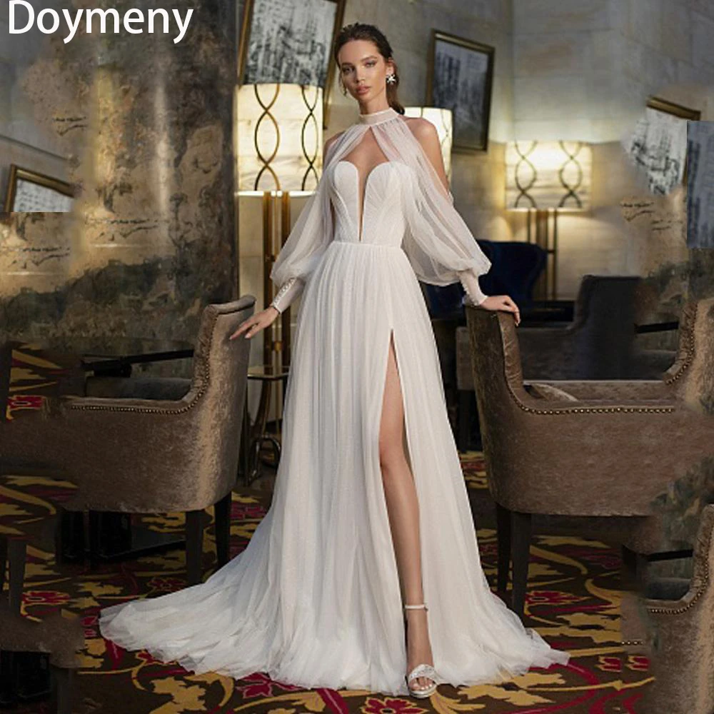 

Doymeny Wedding Dress For Women Sweep Train Organze Sweetheart Lace Up Sequined Puff Sleeve Illusion A-Line Robe De Mariée