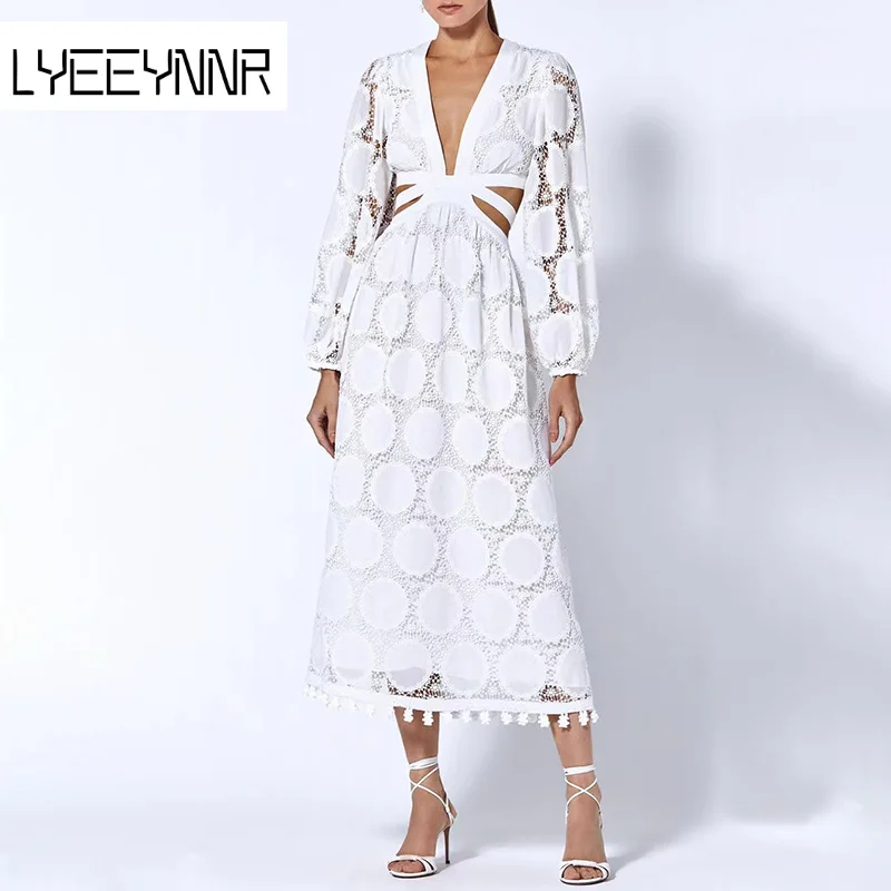 

New Hollow Out Solid Color Sexy Dress Women V-neck Long Puff Sleeve Lace Up Mid-calf Dresses Temperament All-match Robe Femme