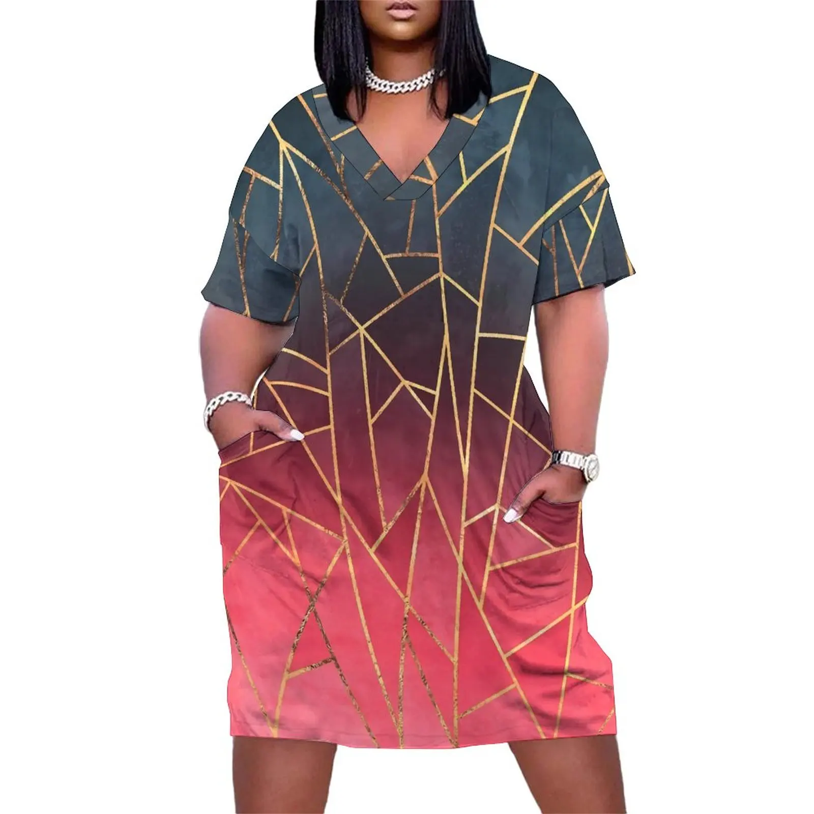 

Shattered Ombre Dress V Neck Geometric Print Streetwear Dresses Holiday Cute Casual Dress Womens Pattern Oversize Vestidos