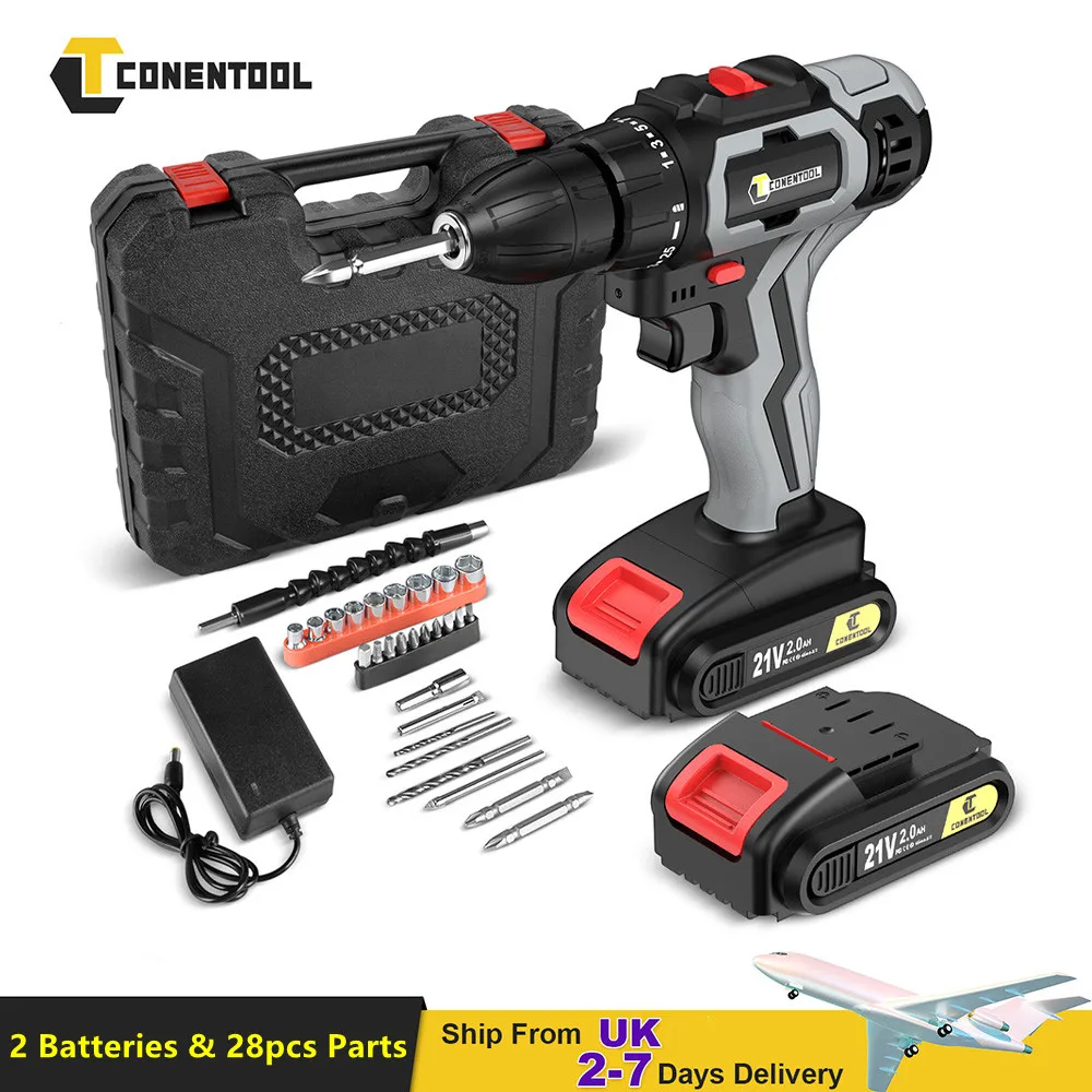 

Conentool 21V Electric Screwdriver Set 28pcs Cordless Drill Battery 1500mah Rechargeable Screwdriver Torque 25+1 Power Tools Kit