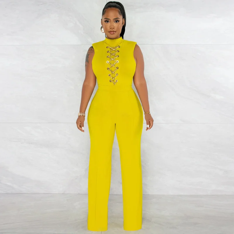

WUHE Elegant Front Chain Lace Up Jumpsuits Women Sleeveless Bandage Wide Leg Pants Office Lady Romper Solid One Piece Overalls