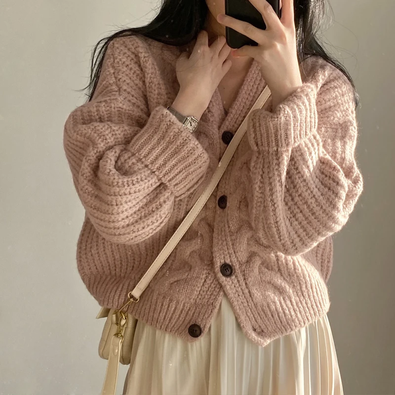 

Y2k Top V Neck Puff Long Sleeve Cropped Pink Cardigan Women Clothes Pull Sueters De Mujer Korean Twist Sweater Knit Coat Grey