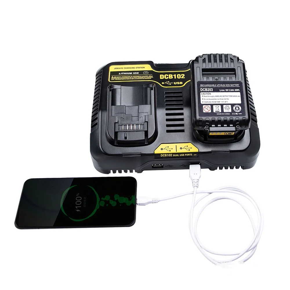 

DCB102 Fast Double Charging Postion Li-ion Battery charger With Dual USB Port For DeWalt 12V 14.4V 18V 20V DCB200 DCB201