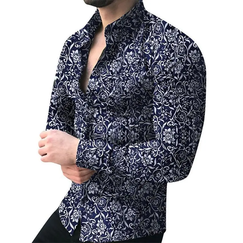 Spring Autumn Shirt Men's Fashion Slim Print Long Sleeve Business Lapel Cotton Blend Single Breasted Men's Cardigan Top S-2XL